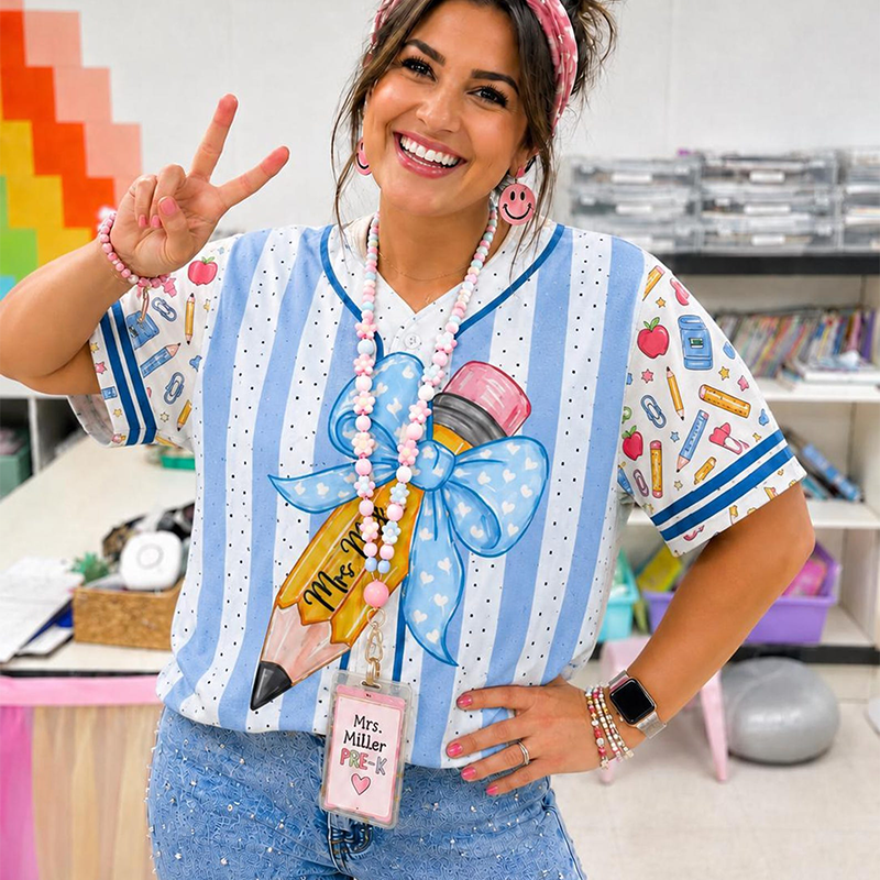 Personalized Name Pencil Bow Print Teacher Baseball Jersey