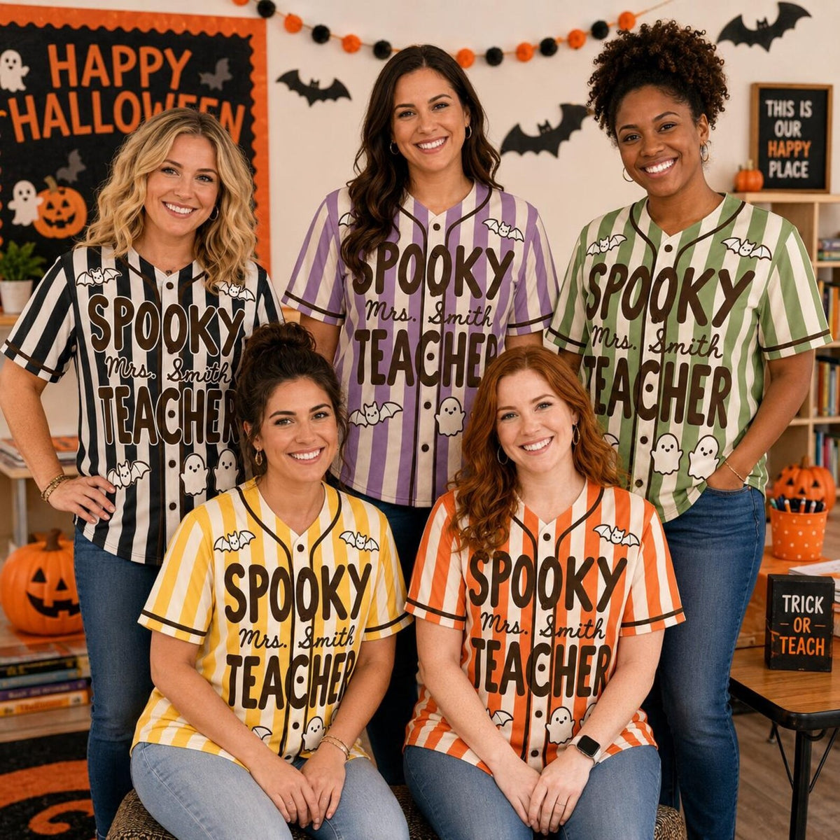 Personalized Name Halloween Striped Spooky Teacher Baseball Jersey