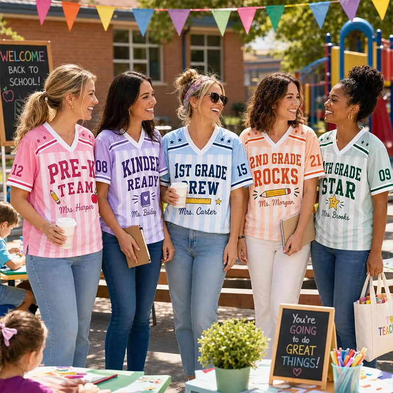 Personalized Grade And Name Preppy Stripes Pennant First Day Teacher Mesh Jersey