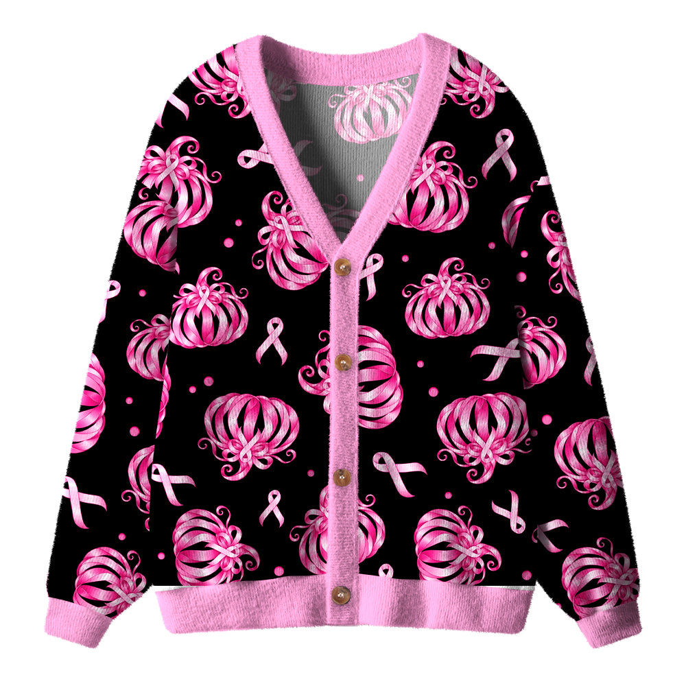 Pink Ribbon Bow Pumpkin Fall Teacher Ugly Cardigan Sweaters