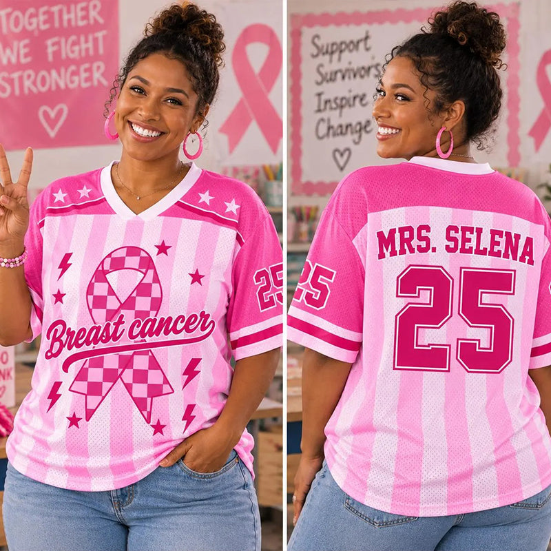 Personalized Pink Ribbon Breast Cancer Awareness Teacher Mesh Jersey
