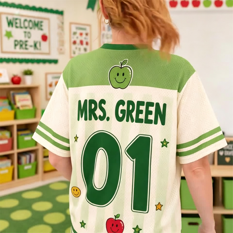 Personalized Grade Striped Apple Book Star Print Teacher Mesh Jersey