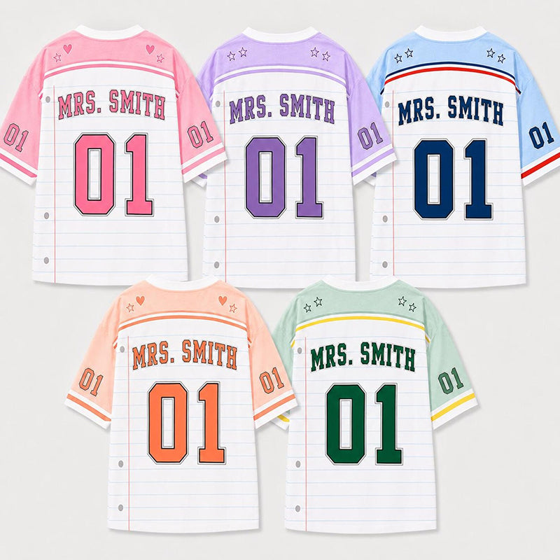 Personalized Grade And Name Preppy Notebook Stripes First Day Teacher Mesh Jersey