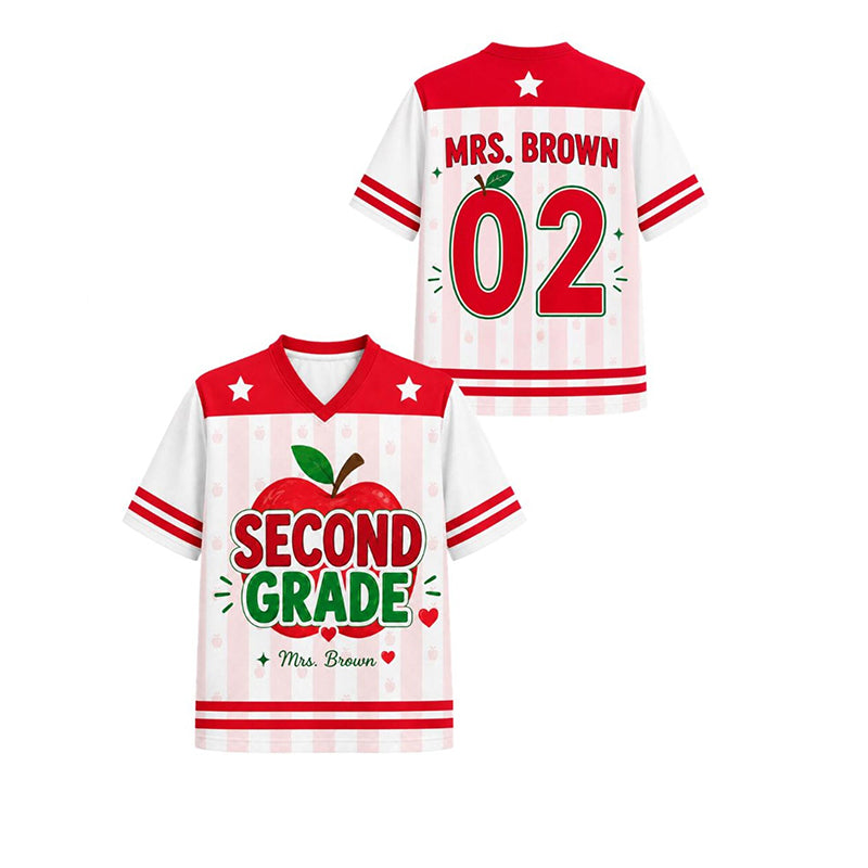 Personalized Grade And Name Red Pencil Stripes Teacher Mesh Jersey