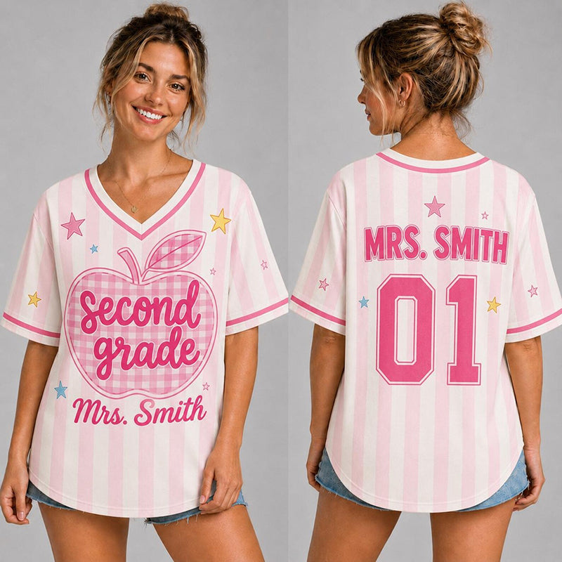 Personalized Grade And Name Preppy Stripes Gingham Apple First Day Teacher Mesh Jersey