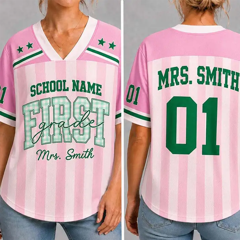 Personalized Grade Striped Gingham Star Print Teacher Mesh Jersey