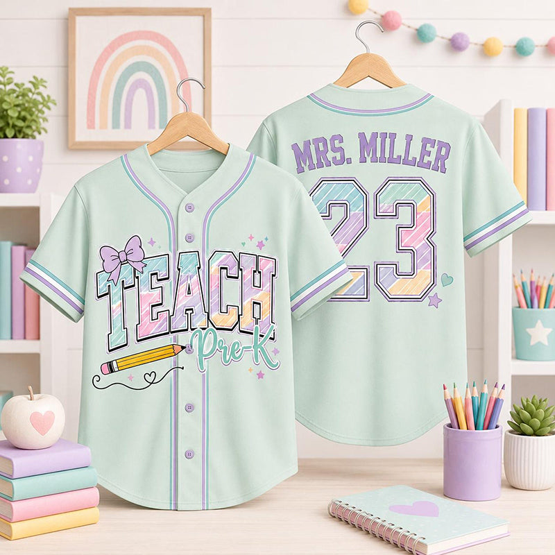 Personalized Grade And Name Rainbow Printing Letter Teacher Baseball Jersey