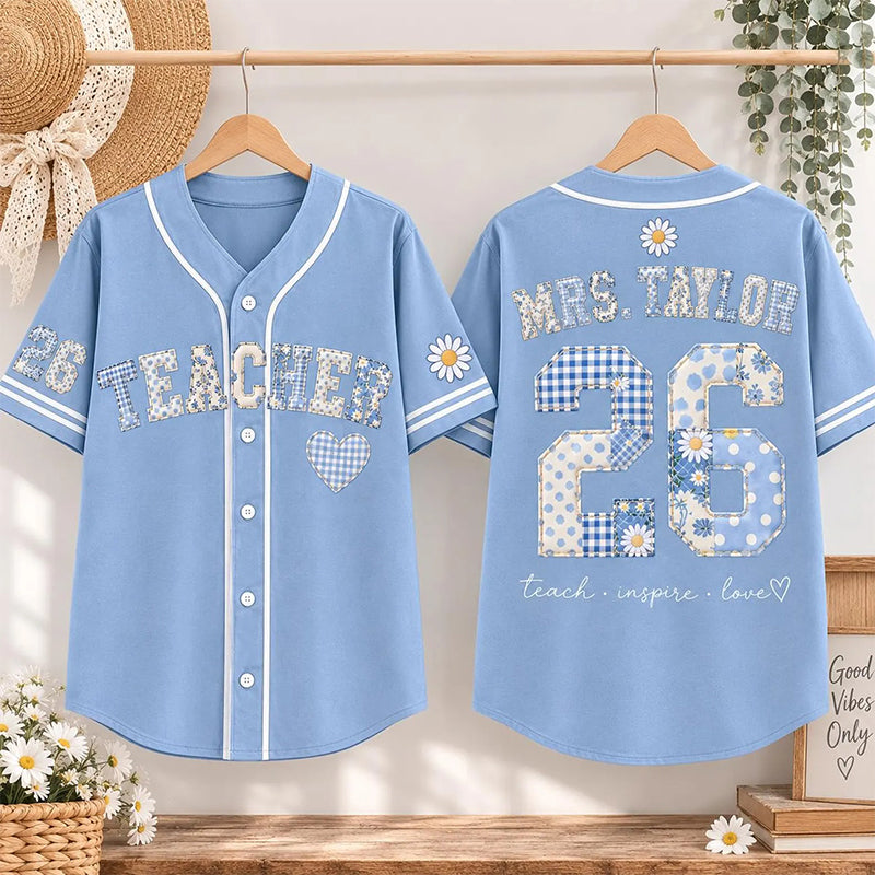 Personalized Teacher Name Patchwork Daisy Heart Teacher Baseball Jersey