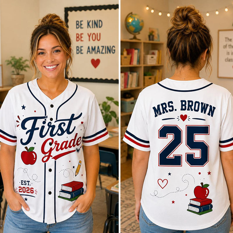 Personalized Grade Name Apple Book Retro Teacher Baseball Jersey