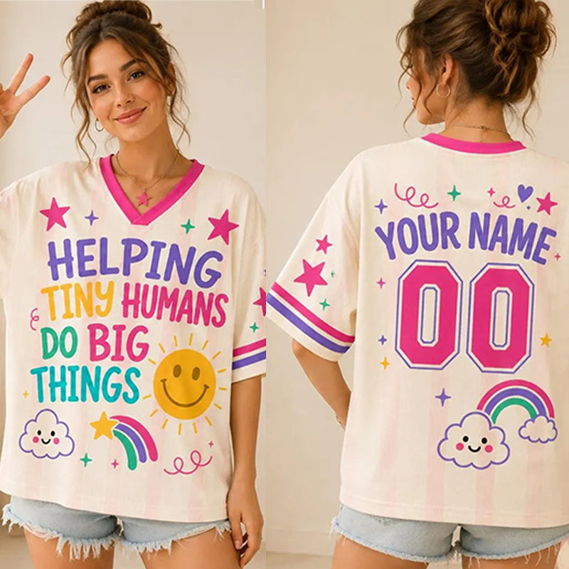 Personalized Name Preppy Stripes Helping Tiny Humans Rainbow Teacher Mesh Jersey