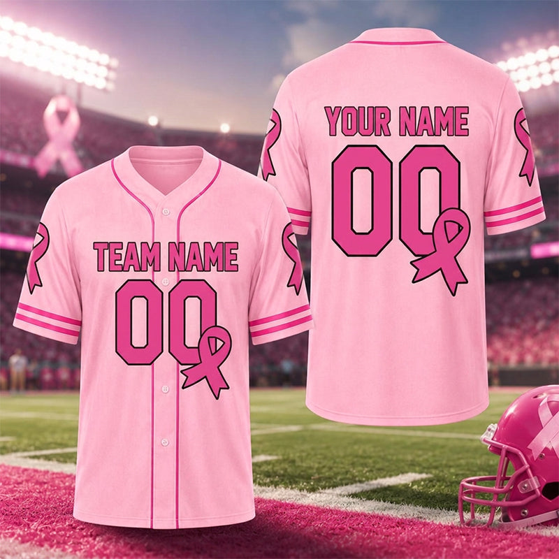 Personalized Name Number Pink Ribbon Decor Teacher Baseball Jersey