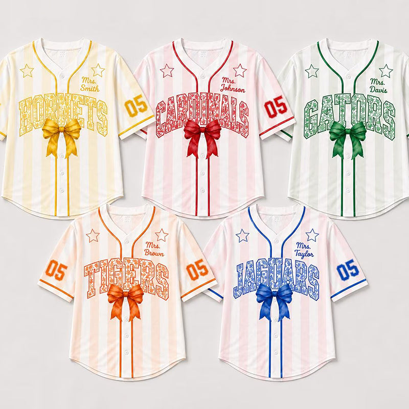 Personalized Mascot Name Bow Vertical Striped Mesh Teacher Baseball Jersey