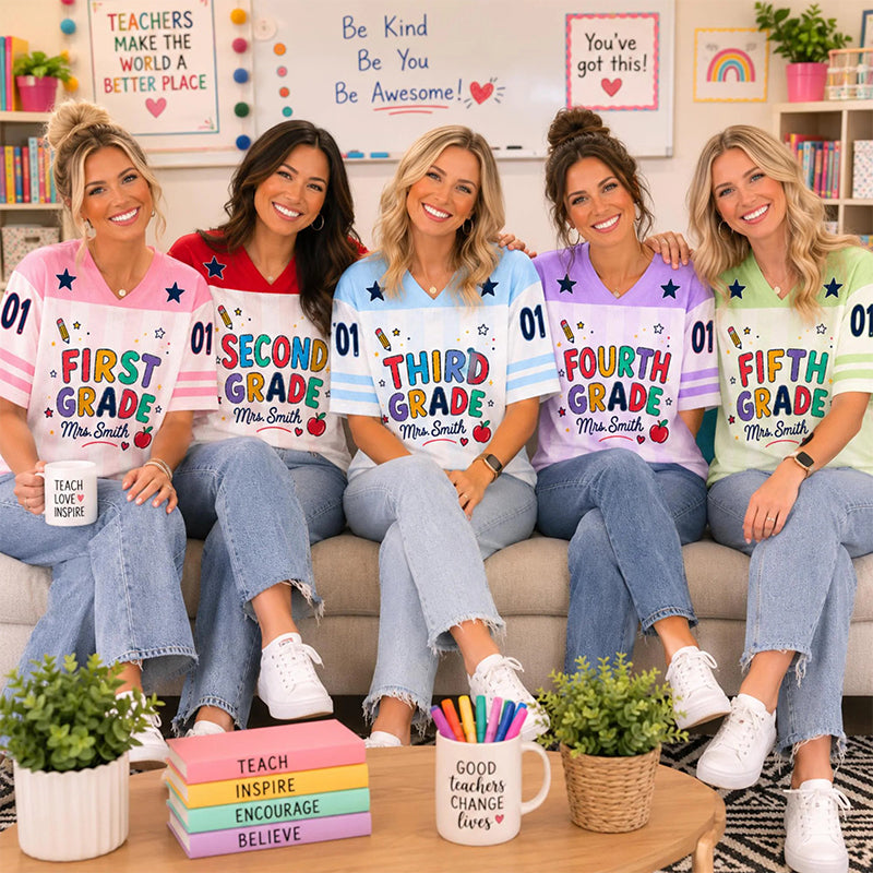 Personalized Grade And Name Preppy Stripes Rainbow Text First Day Teacher Mesh Jersey