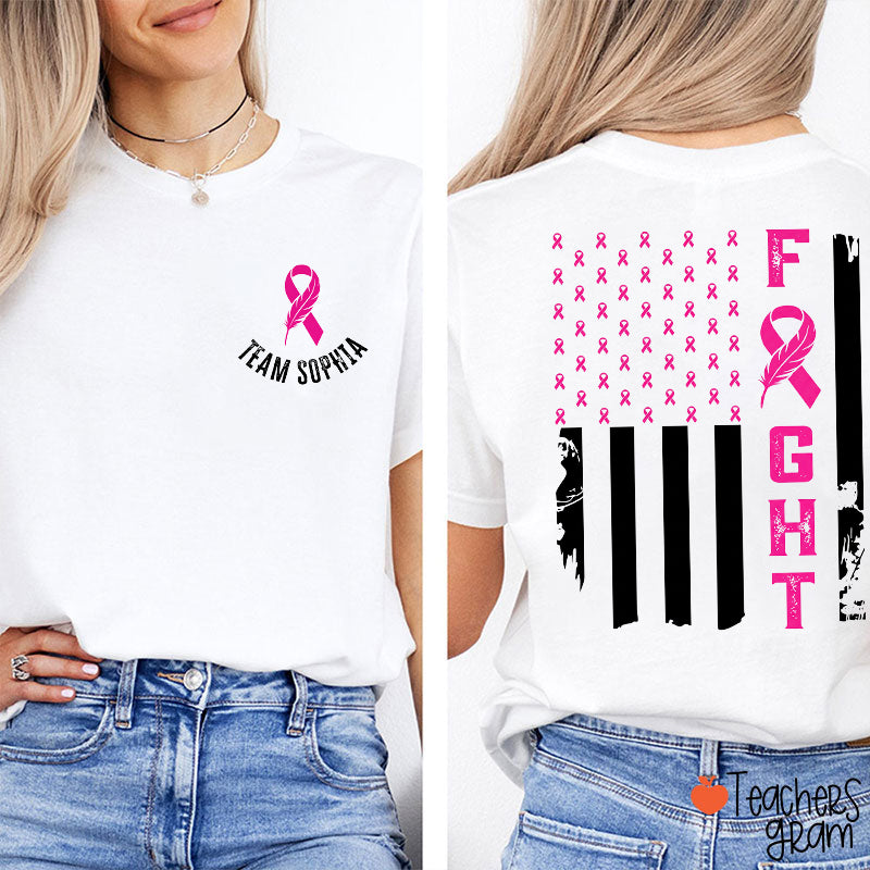 Personalized Team Name Feather Ribbon Distressed Flag Teacher Two Sided T‑Shirt