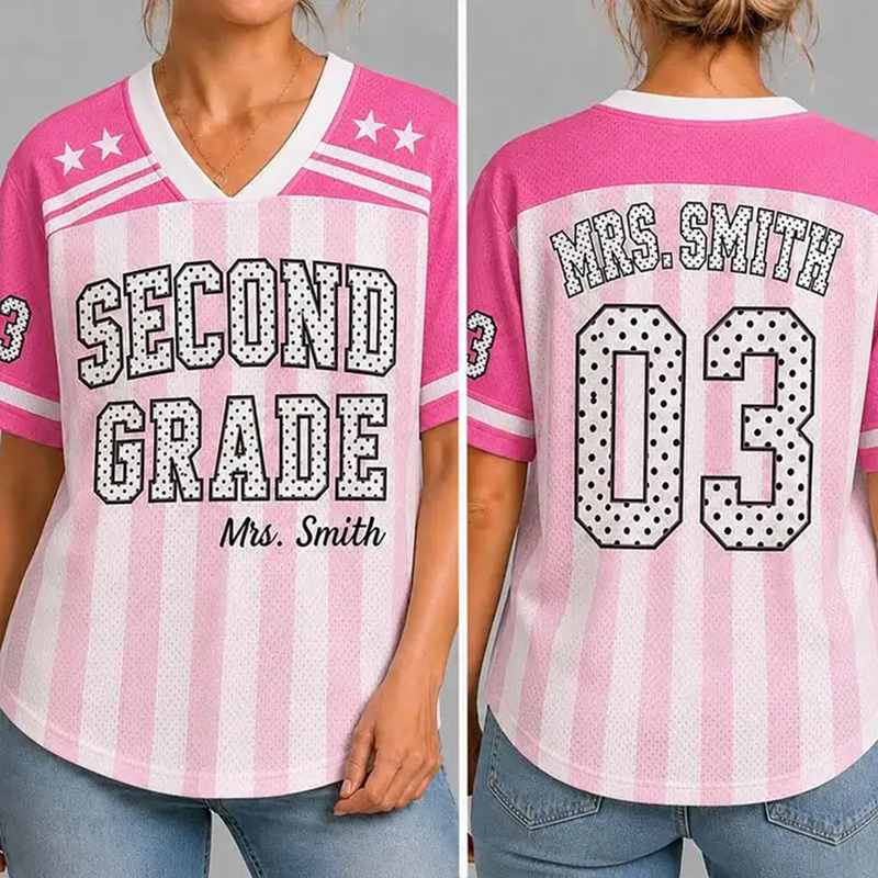 Personalized Grade Striped Polka Dot Star Print Teacher Mesh Jersey