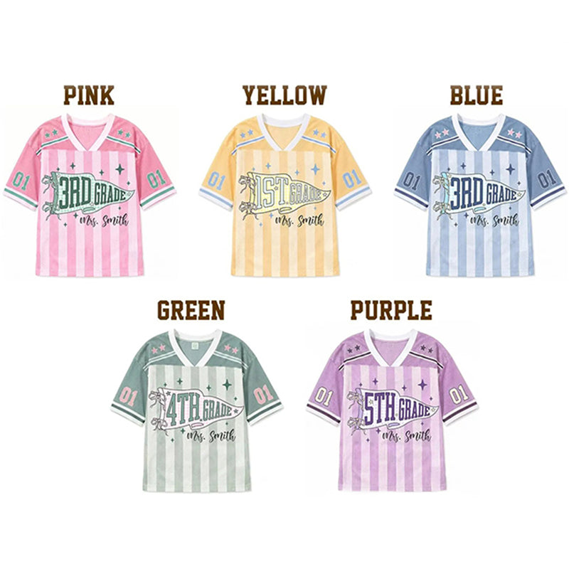 Personalized Grade And Name Striped Pennant Bow Star Teacher Mesh Jersey