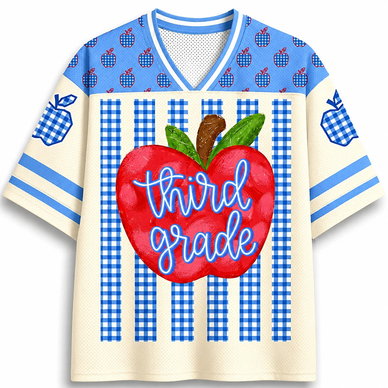 Personalized Grade Apple Gingham Stripe Teacher Mesh Jersey
