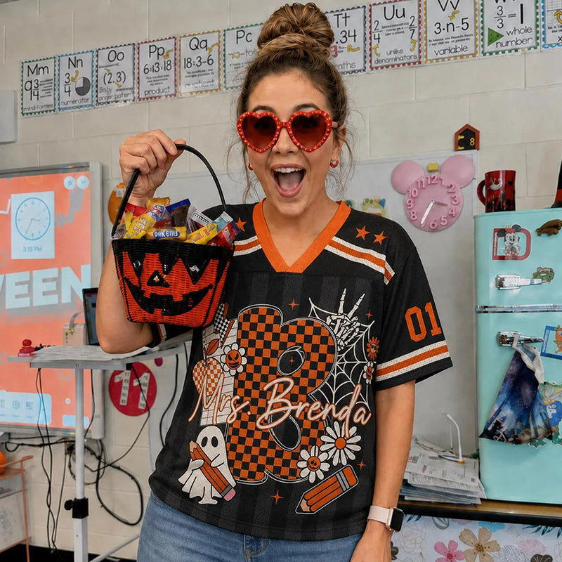 Personalized Name And Initials Halloween Vibes Teacher Mesh Jersey
