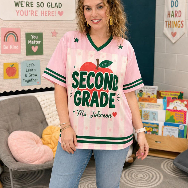 Personalized Grade And Name Pencil Preppy Stripes Teacher Mesh Jersey