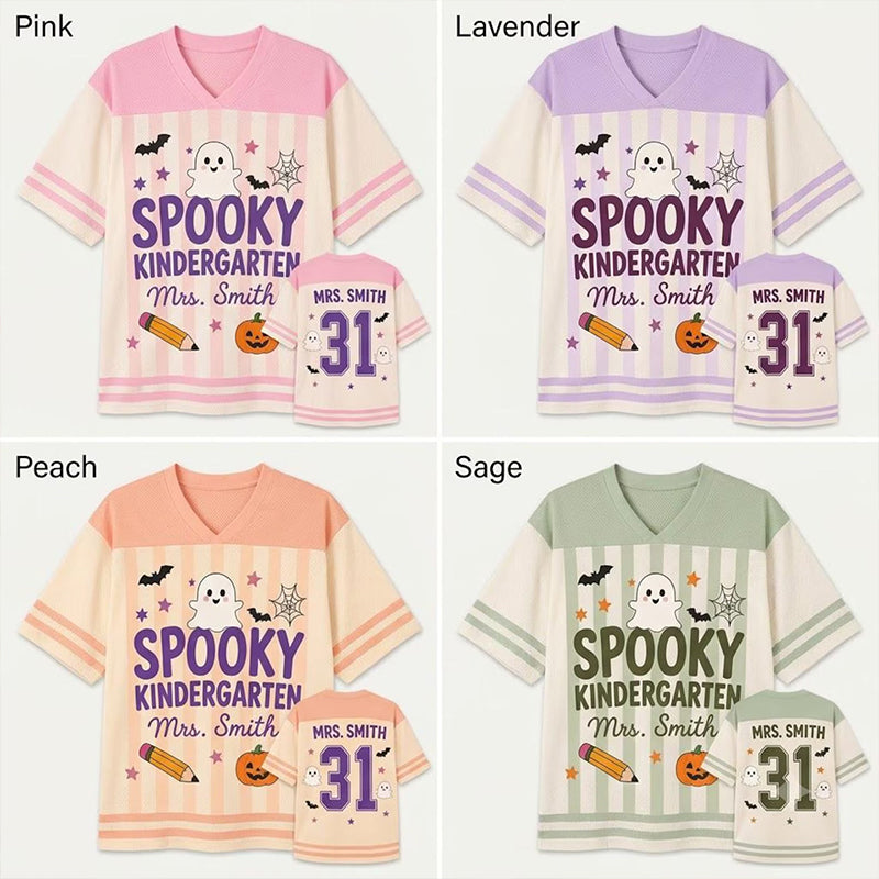 Personalized Grade Name Number Halloween Ghost Striped Teacher Mesh Jersey