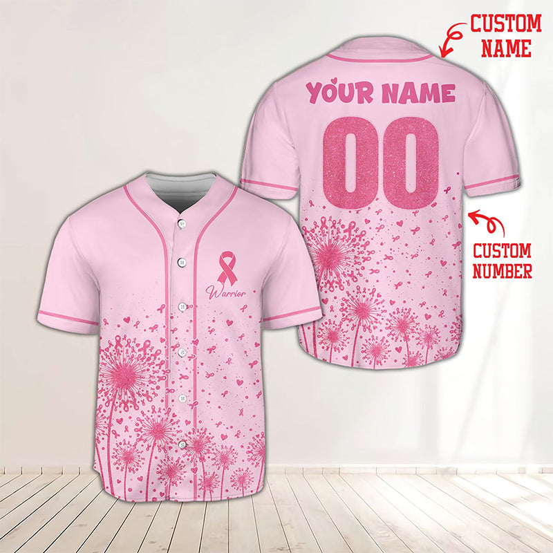 Personalized Name And Number Breast Cancer Warrior Pink Ribbon Dandelion Teacher Baseball Jersey