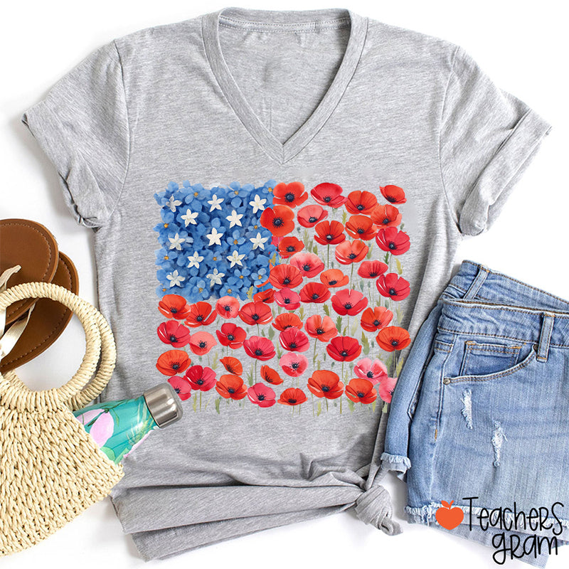 Floral USA Flag 250th Anniversary Teacher Female V-Neck T-Shirt