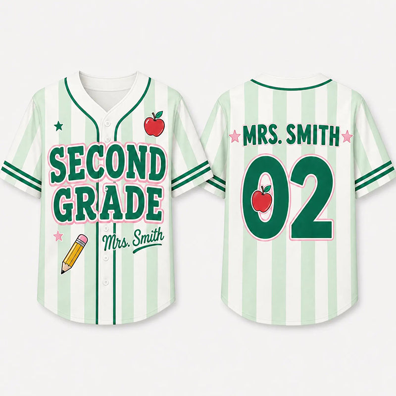 Personalized Grade And Name Preppy Stripes Apple Pencil Teacher Baseball Jersey