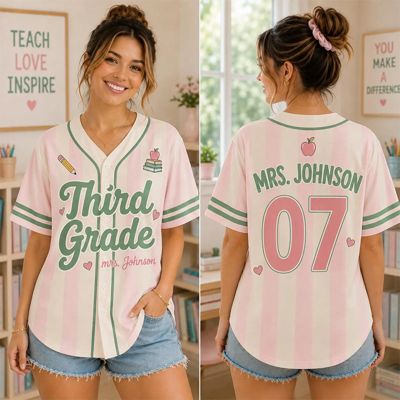 Personalized Grade Name Number Vertical Striped Mesh Teacher Baseball Jersey