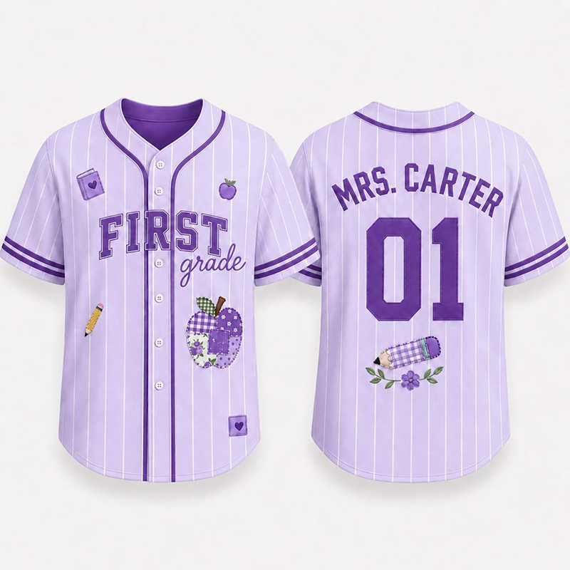 Personalized Grade Striped Apple Flower Print Teacher Baseball Jersey