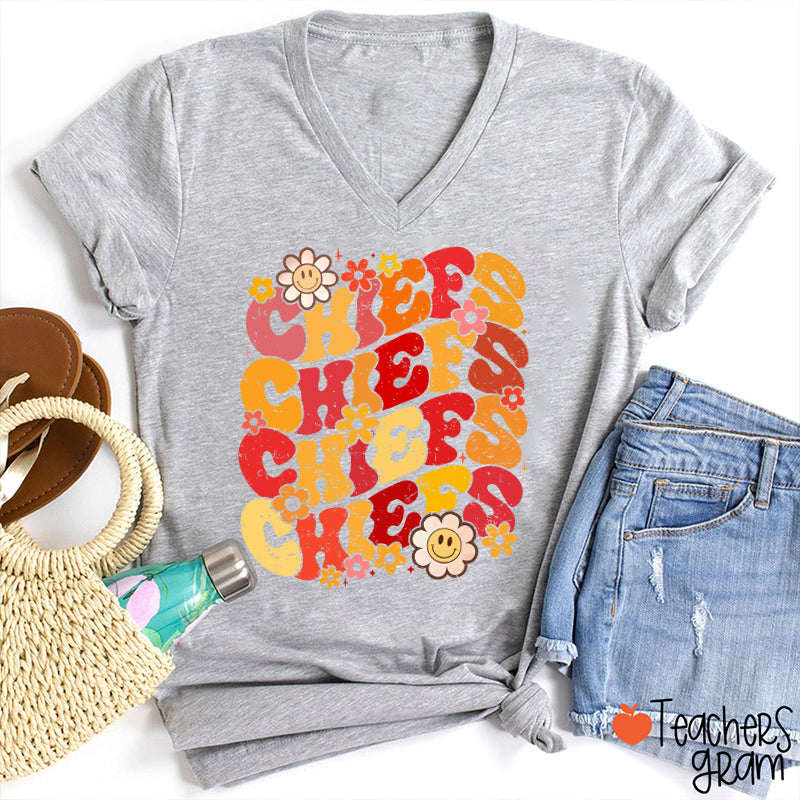Personalized Mascot Game Day Flowers Teacher Female V-Neck T-Shirt