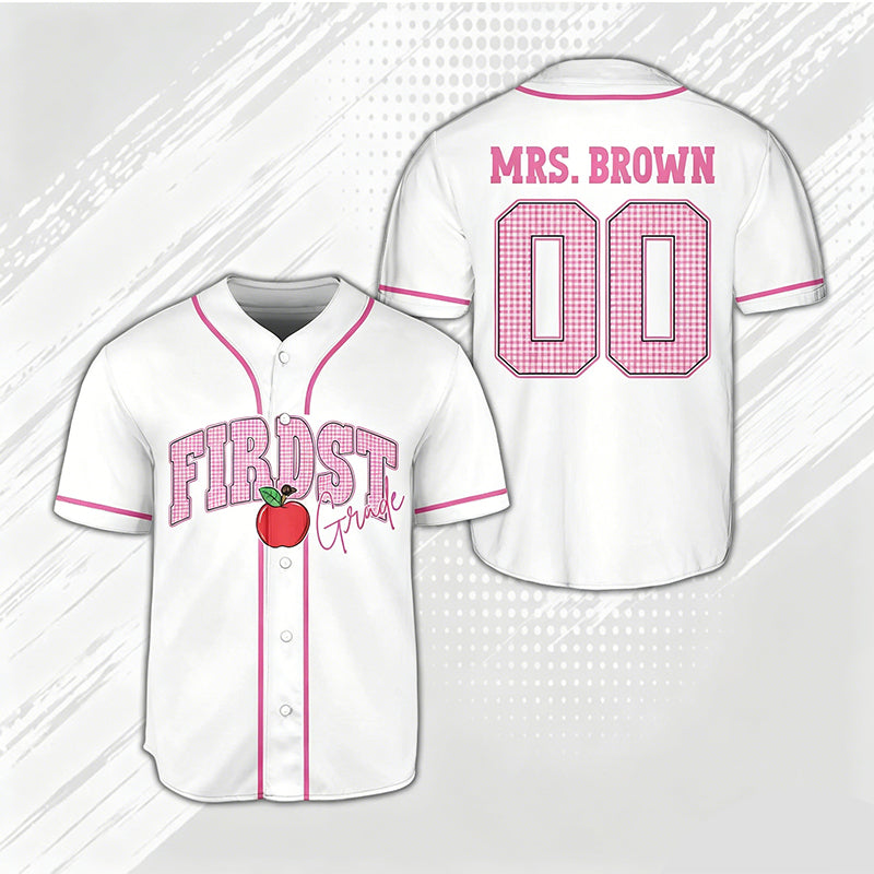 Personalized Grade And Name Gingham Apple Teacher Baseball Jersey