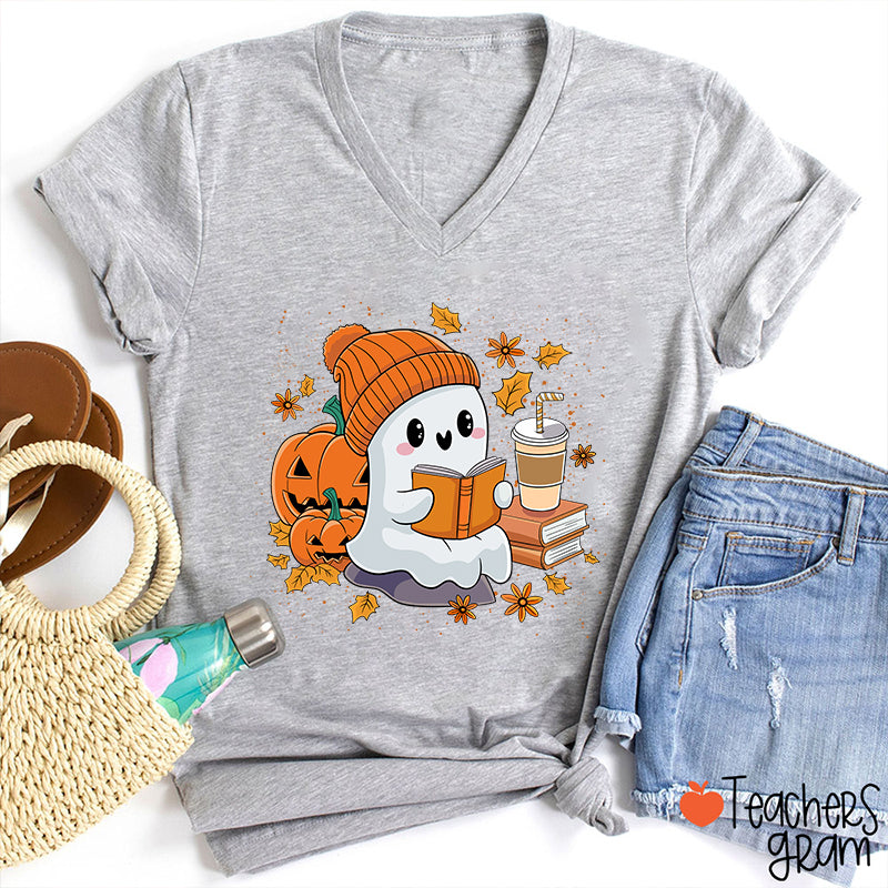 Reading Ghost Pumpkin Halloween Teacher Female V-Neck T-Shirt
