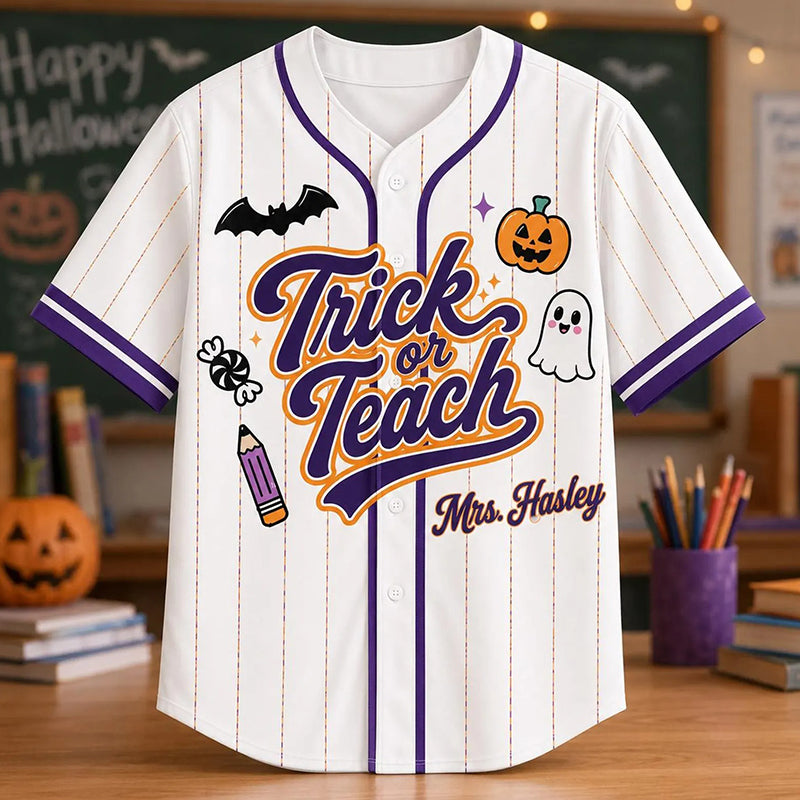 Personalized Name And Number Trick Or Teach Teacher Baseball Jersey