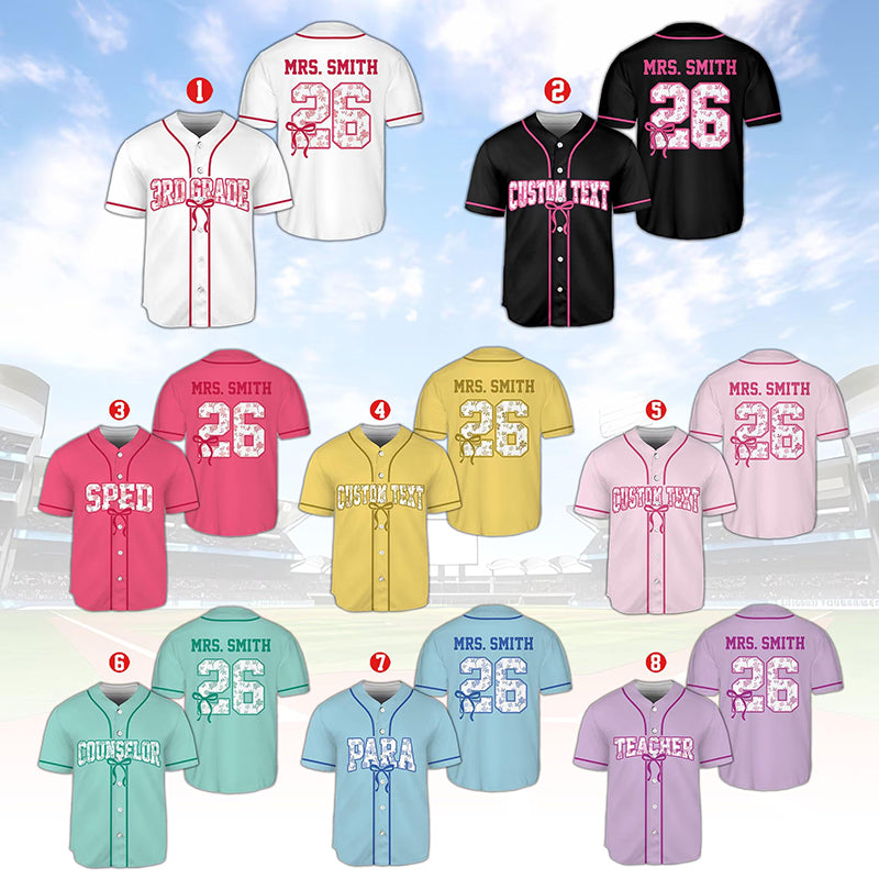 Personalized Name And Grade Floral Letter Coquette Bow Teacher Baseball Jersey