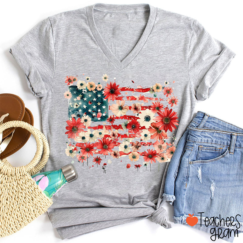 American Flag Floral Teacher Female V-Neck T-Shirt