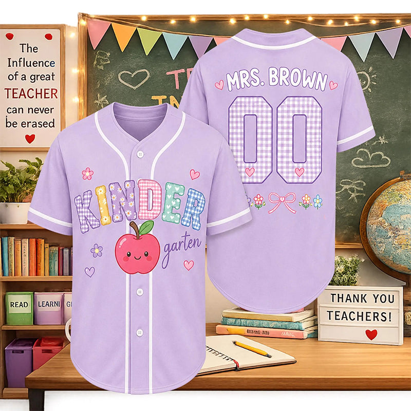 Personalized Grade And Name Apple Gingham Teacher Baseball Jersey