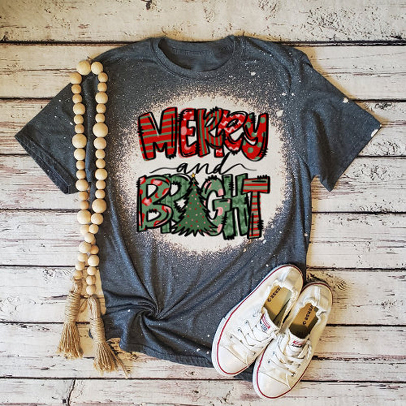 Merry And Bright Christmas Tree Teacher Printed Super Soft T-Shirt
