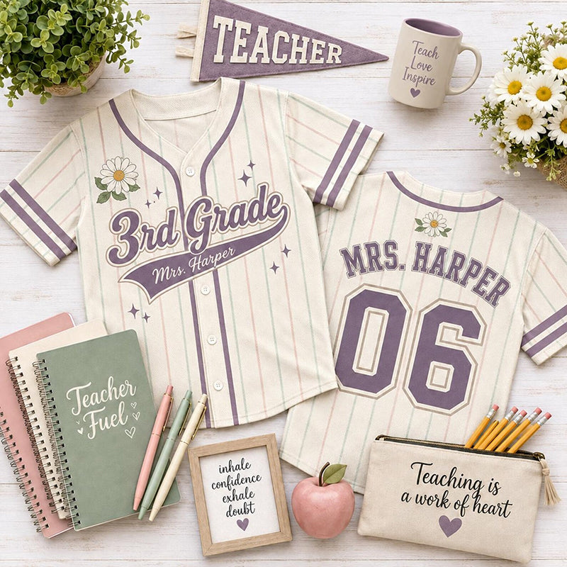 Personalized Grade Name Daisy Pinstripe Mesh Teacher Baseball Jersey