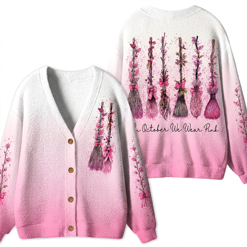 In October We Wear Pink Witch Brooms Breast Cancer Teacher Ugly Cardigan Sweaters