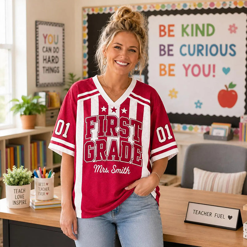 Personalized Grade Teacher Name And Number Vertical Striped Teacher Mesh Jersey