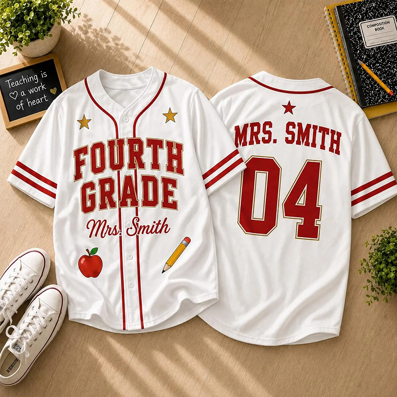 Personalized Grade And Name Apple Pencil Graphic Teacher Baseball Jersey