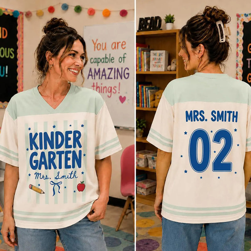 Personalized Grade Teacher Name And Number Apple Pencil Bow Teacher Mesh Jersey