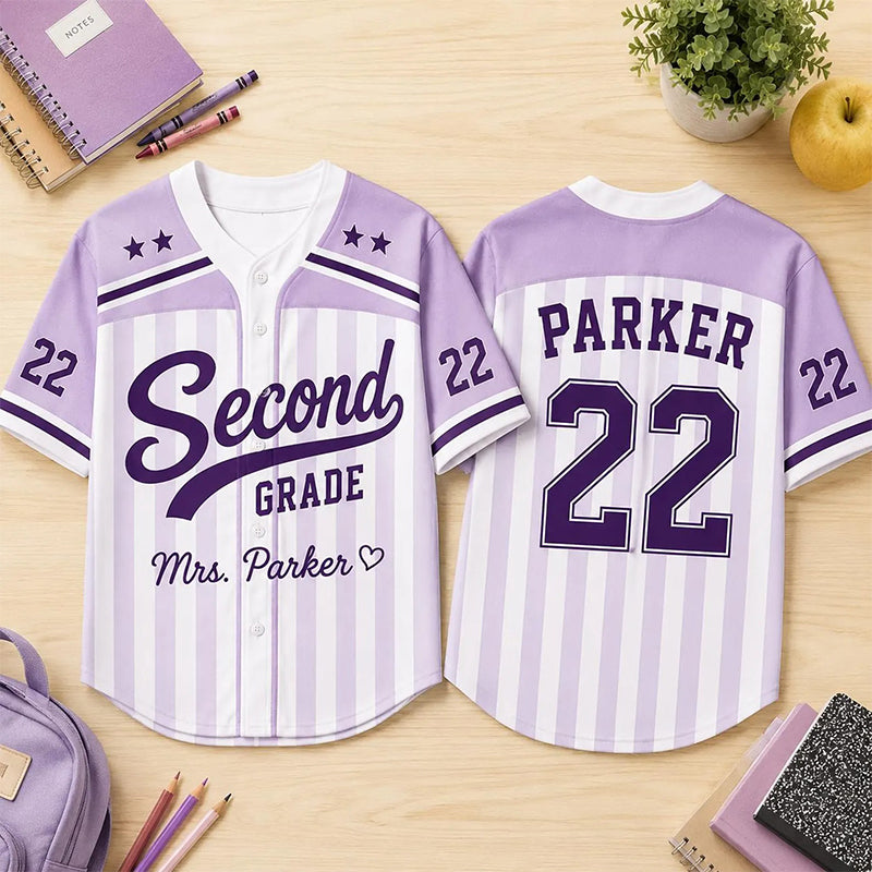 Personalized Grade And Name Preppy Color Block Stripes Script First Day Teacher Baseball Jersey