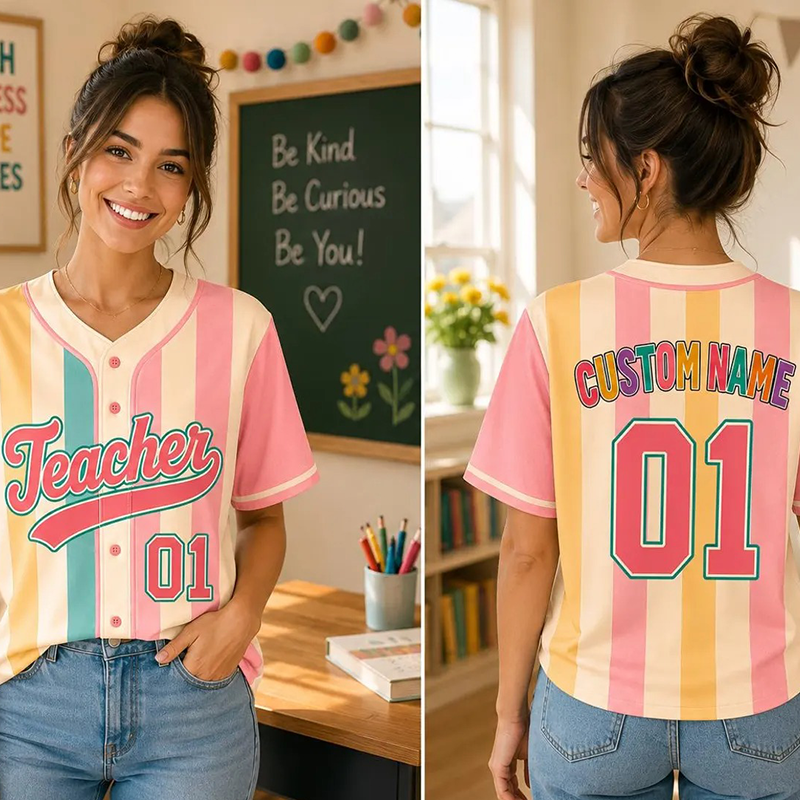 Personalized Name And Number Colorful Vertical Striped Teacher Baseball Jersey