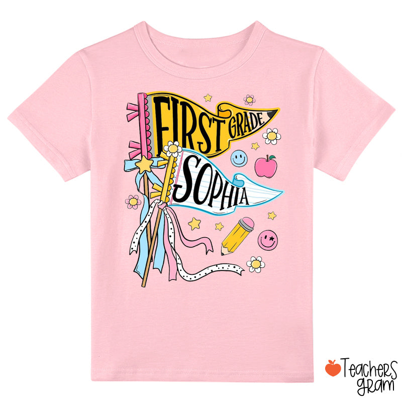 Personalized Grade And Name Pennant Bow School Supply Kid Class T-Shirt