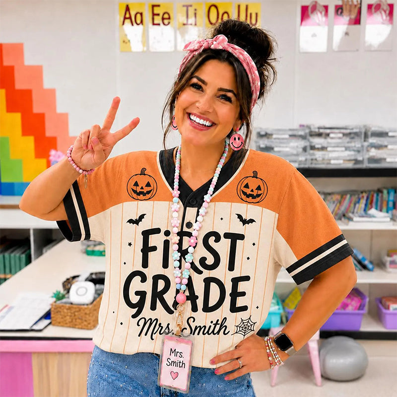 Personalized Grade Name Halloween Pumpkin Bat Teacher Baseball Jersey