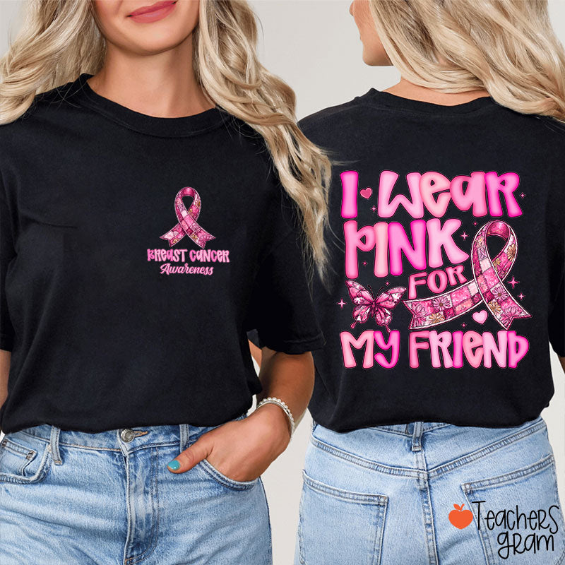 Breast Cancer Awareness Floral Pink Ribbon Teacher Two Sided T‑Shirt