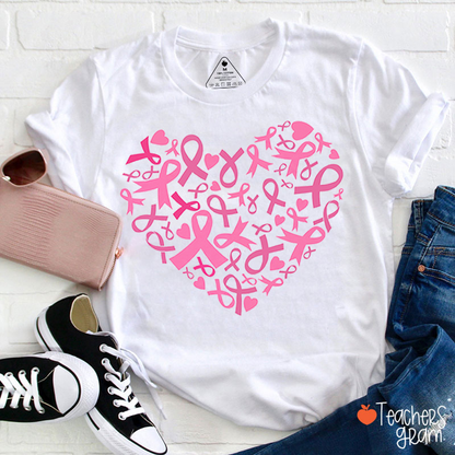 Pink Ribbon Heart Breast Cancer Awareness Teacher T-Shirt