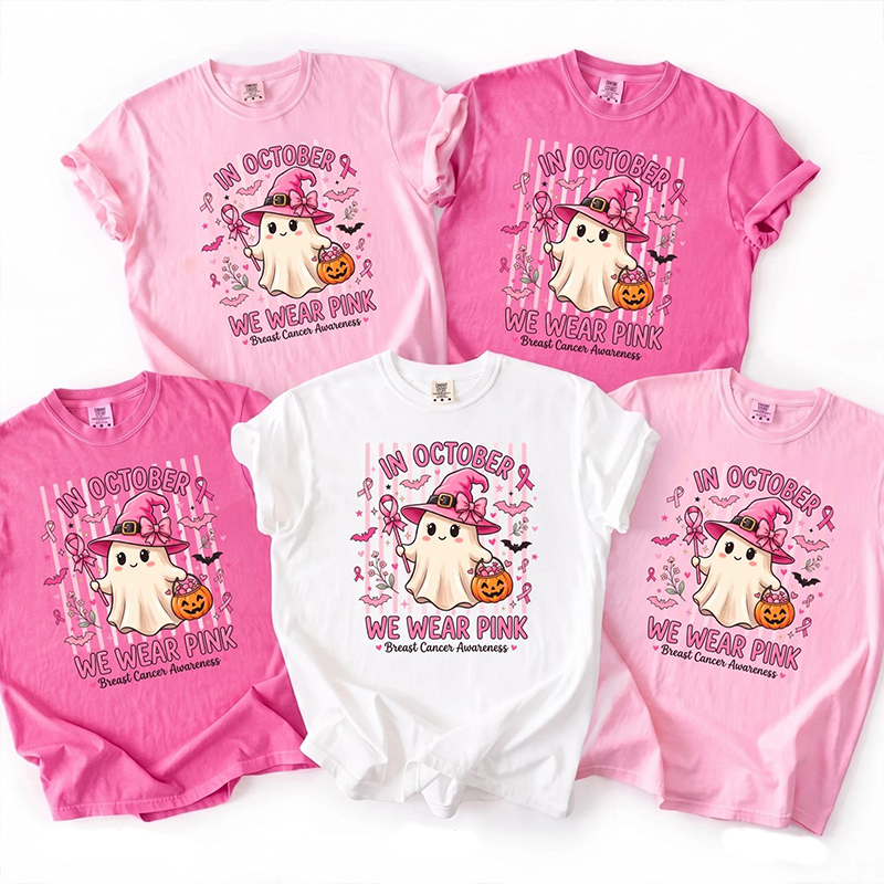 In October We Wear Pink Cute Ghost Witch Breast Cancer Awareness Teacher T-Shirt