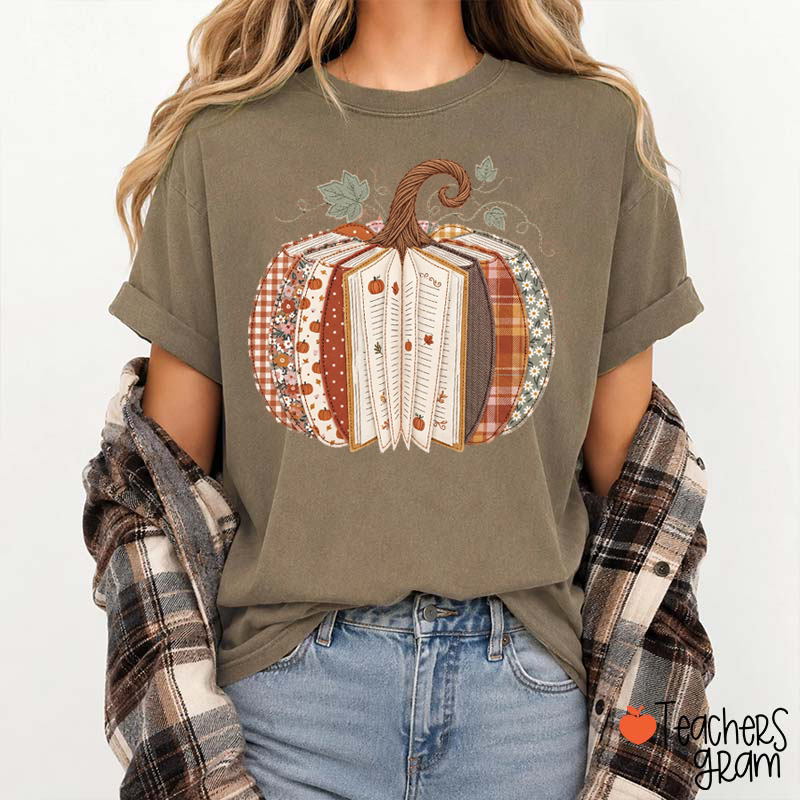 Fall Book Pumpkin Patchwork Autumn Teacher T-Shirt